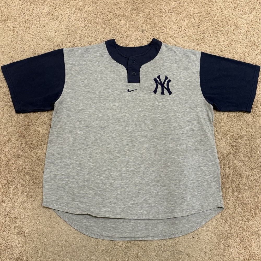 Vintage New York Yankees Nike Center Swoosh Jersey T-Shirt Mens Medium Gray Y2K